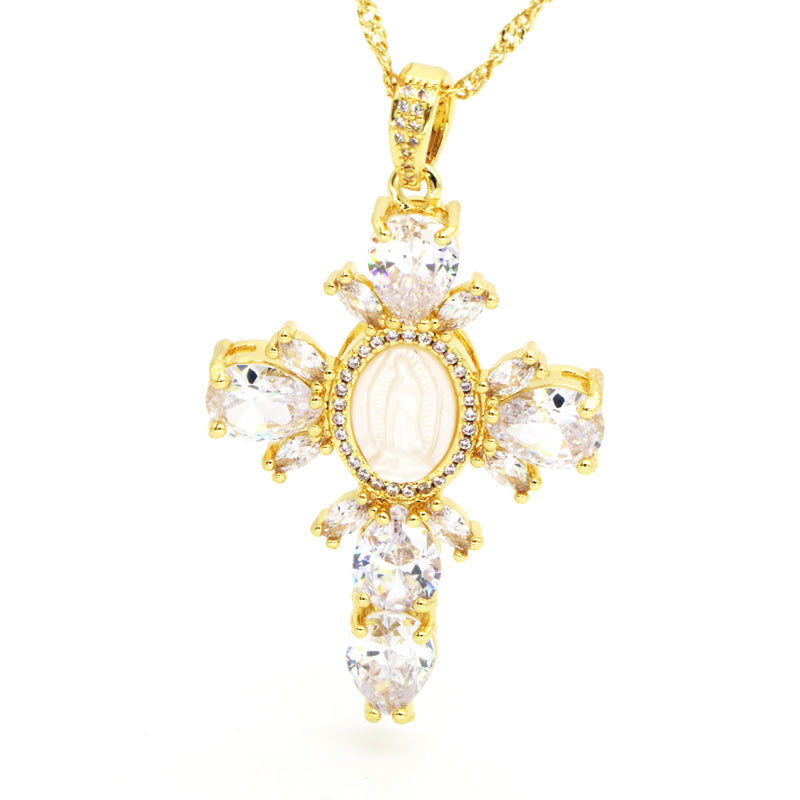 Lourdes - Colgante Cruz y Virgen María Dorado