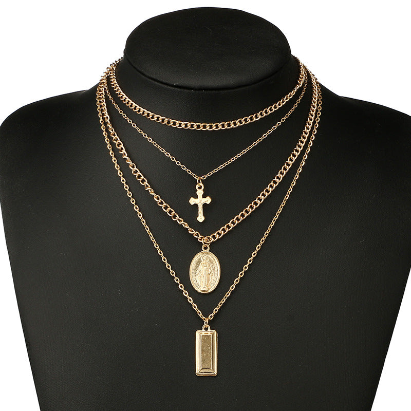 Rosa - Collar Multicapa Cruz y Virgen María