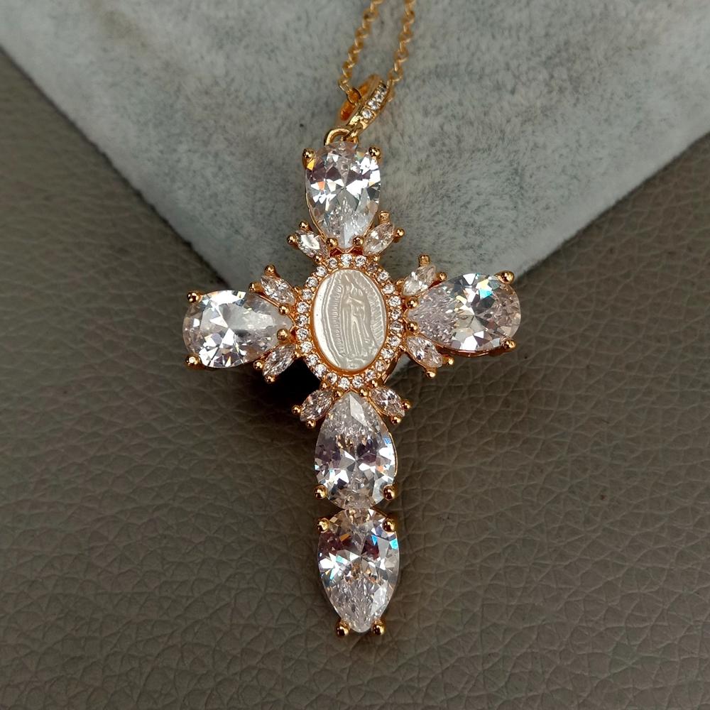Lourdes - Colgante Cruz y Virgen María Dorado