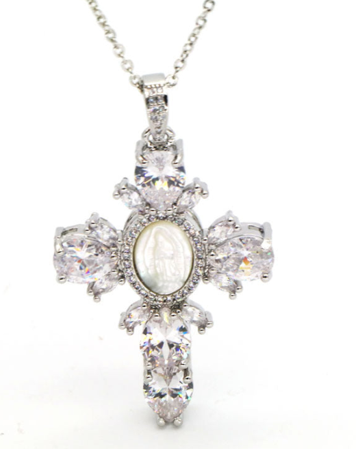 Lourdes - Colgante Cruz y Virgen María Dorado