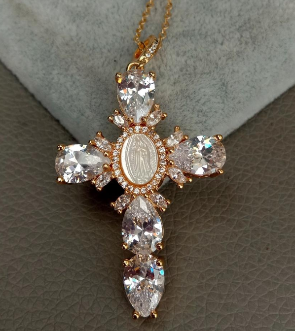 Lourdes - Colgante Cruz y Virgen María Dorado