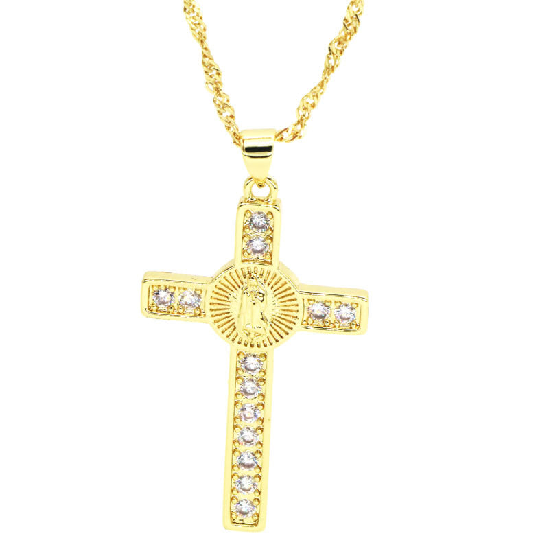 Lourdes - Colgante Cruz y Virgen María Dorado