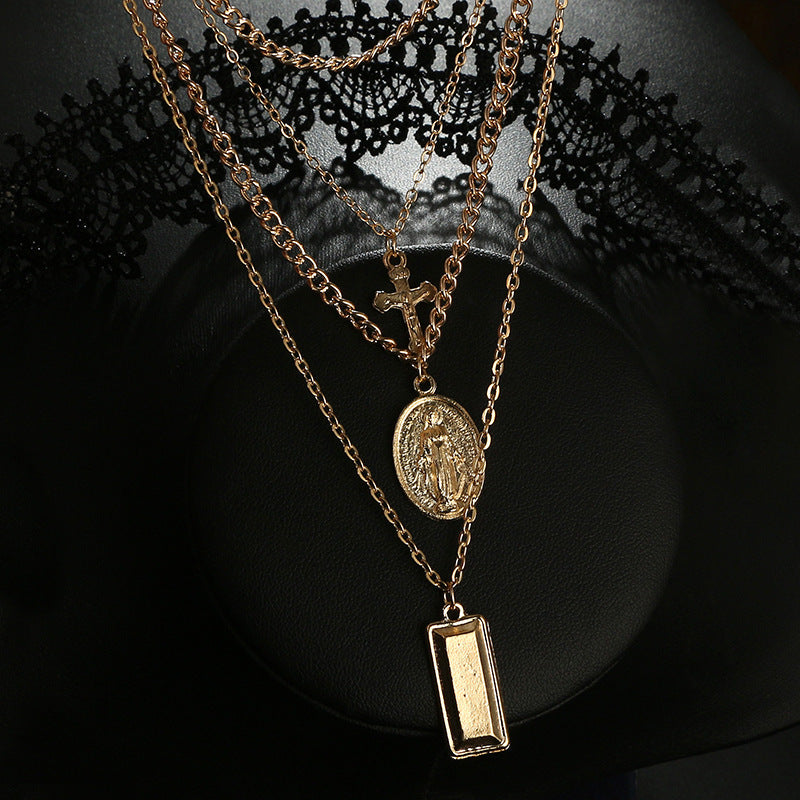 Rosa - Collar Multicapa Cruz y Virgen María